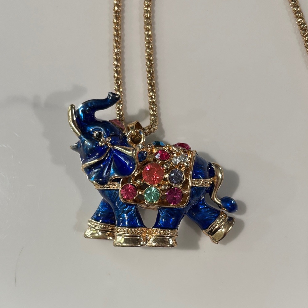 Elegant Blue and Gold Elephant Pendant Necklace